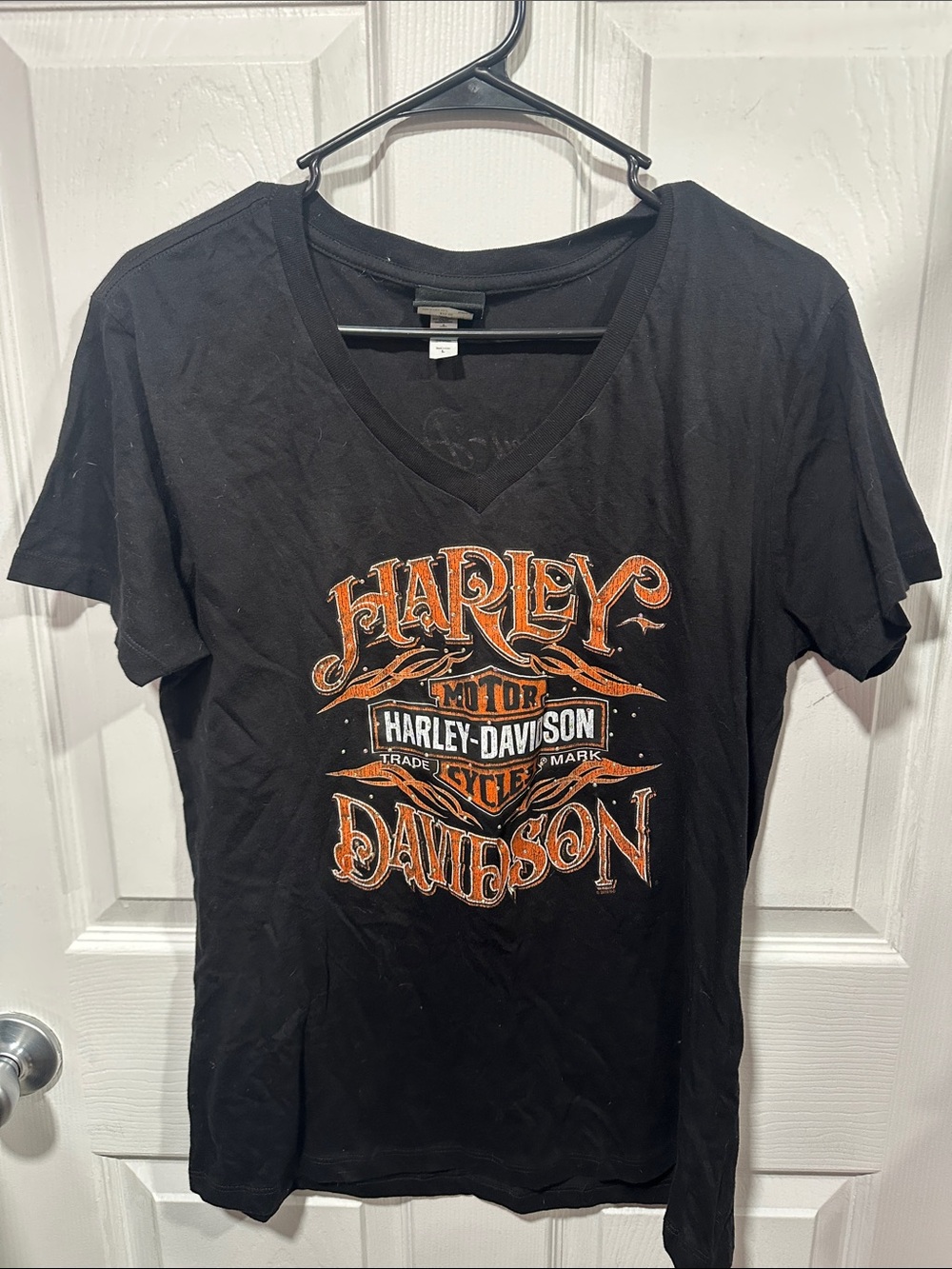 Harley-Davidson Black V-Neck Tee with Orange Graphic